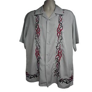 Anchor Blue Mens Vintage Gray Embroidered Tribal Button Up Camp Shirt Large Y2K